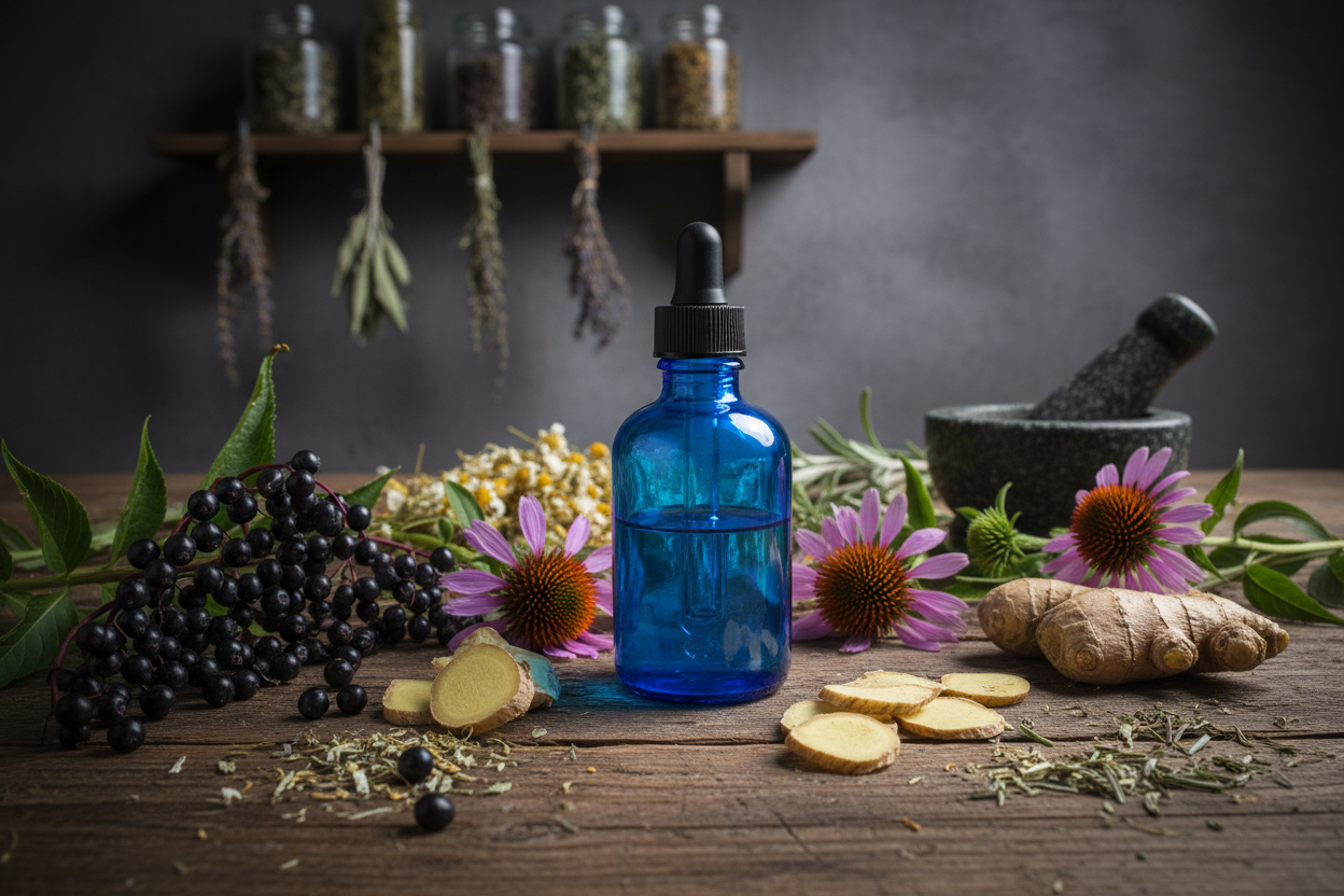 a blue glass dropper bottle on a table surrounded by elderberries, echinacea, ginger and astragalus root. it needs to look slightly witchy/herbalist