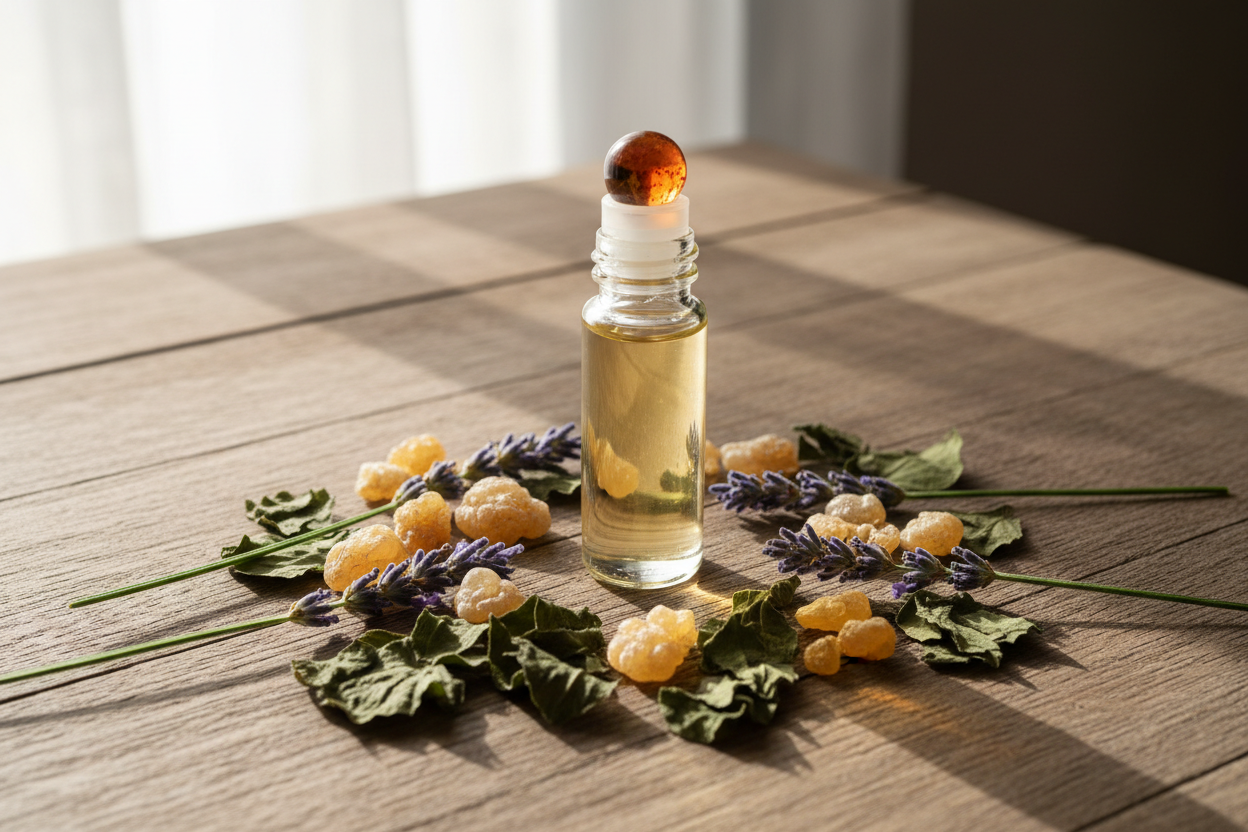 a clear roller bottle on a wooden table with frankincense resin, patchouli and lavender