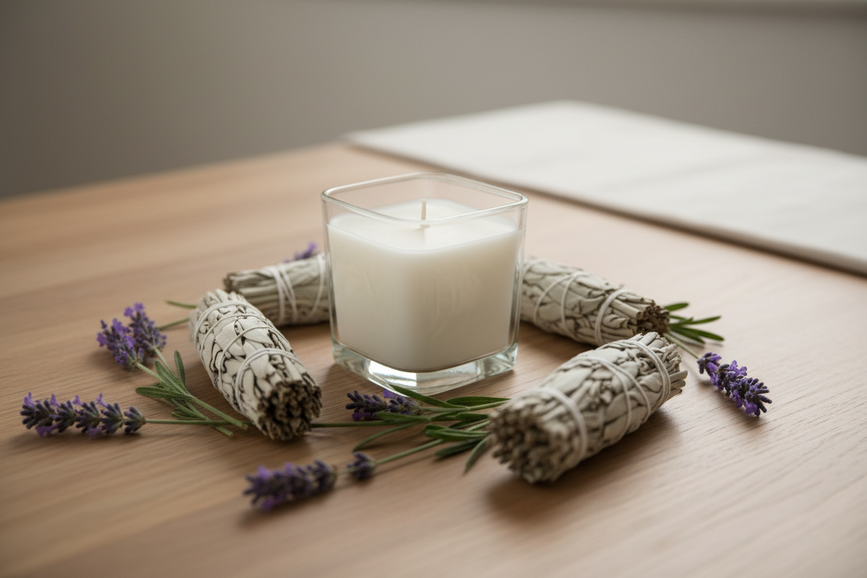 a simple, elegant setting with a white candle in a square glass jar (no labels on it) on a wooden table with white sage and lavender around it.
