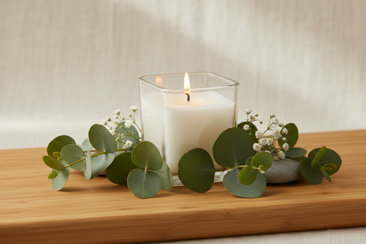another white candle in a square glass jar, but surrounded by eucalyptus leaves