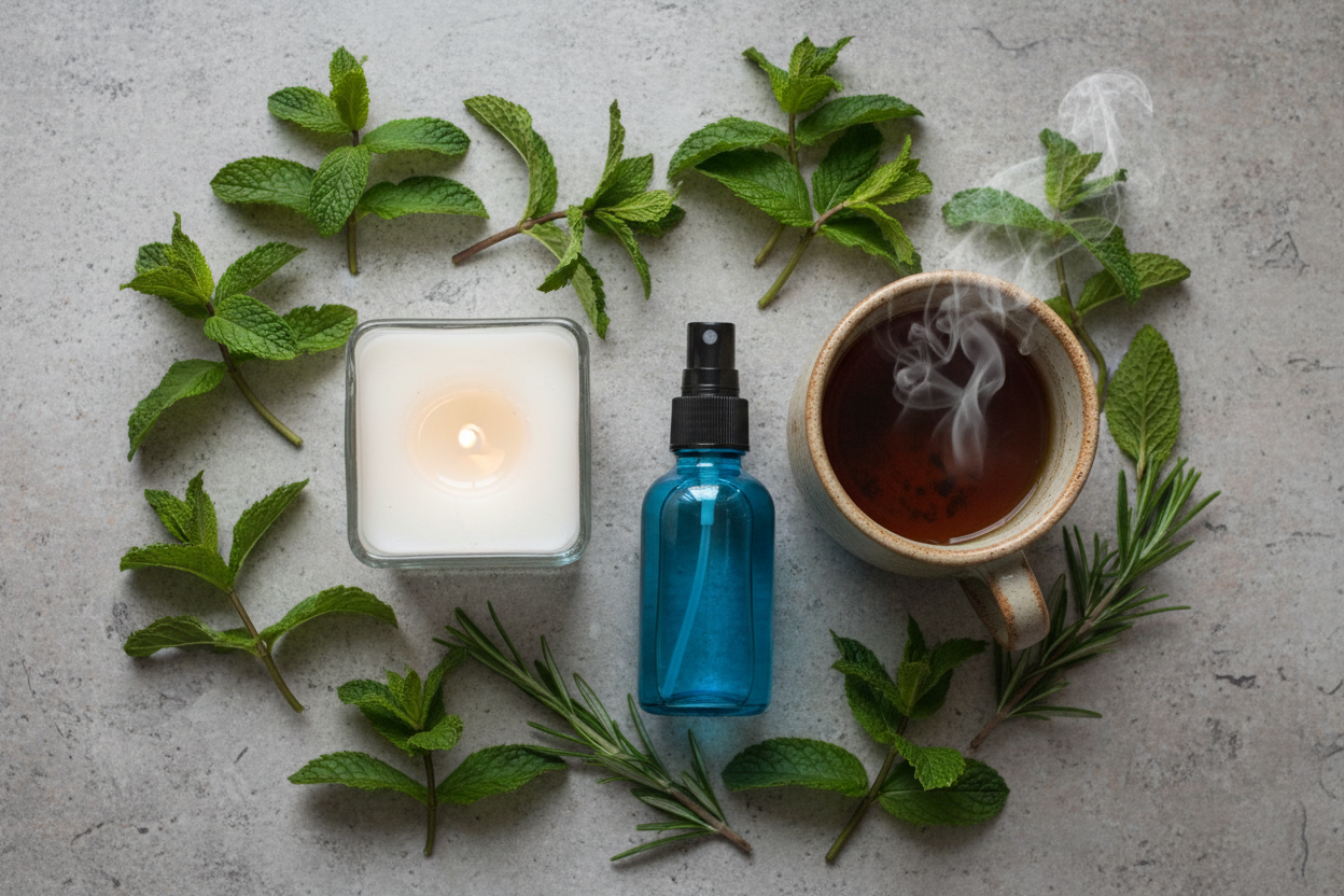 create an image including a white candle in a square glass container, a blue glass sprayer bottle, a hot mug of tea, and surrounded by peppermint and rosemary