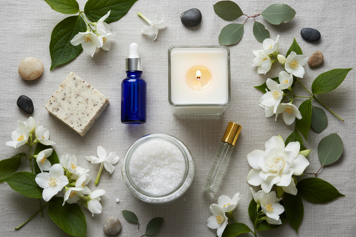generate an image with a self-care aesthetic - including a white candle in a square glass jar, a blue glass dropper bottle, a bar of handcrafted soap, a jar of magnesium salts, a clear glass roller bottle, and surrounded by moonflowers and other white flowers