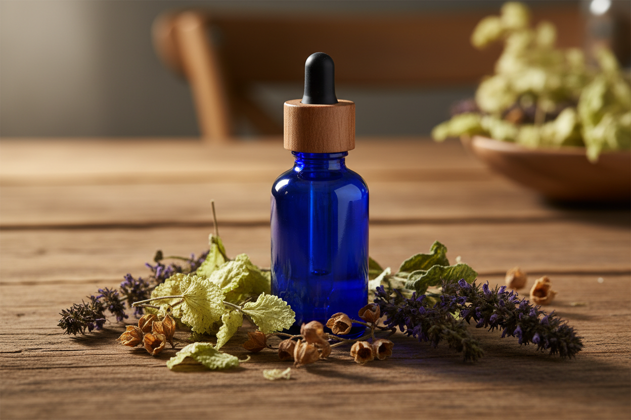 a blue glass dropper bottle on a wooden table surrounded by dried herbs like lemon balm, skullcap, wood betony