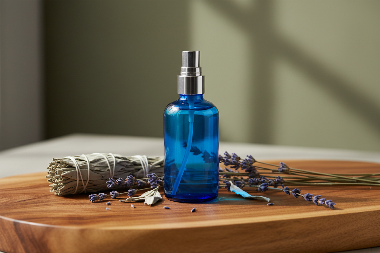a blue glass spray bottle on a wooden surface surrounded by white sage and lavender