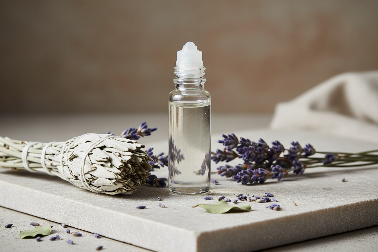 a clear glass aromatherapy roller/perfume bottle with clear liquid, and surrounded with white sage and lavender