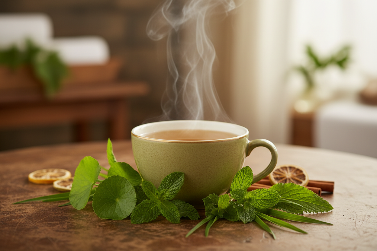a fine cup of steaming peppermint tea on a Wooden table, surrounded by peppermint, gotu kola, spearmint and lemon balm herbs. 