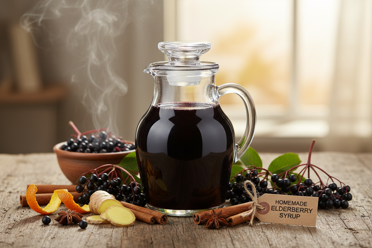 a pitcher with a dark berry liquid in it, surrounded by elderberries, cinnamon, ginger and orange peel that gives the idea of making your own elderberry syrup