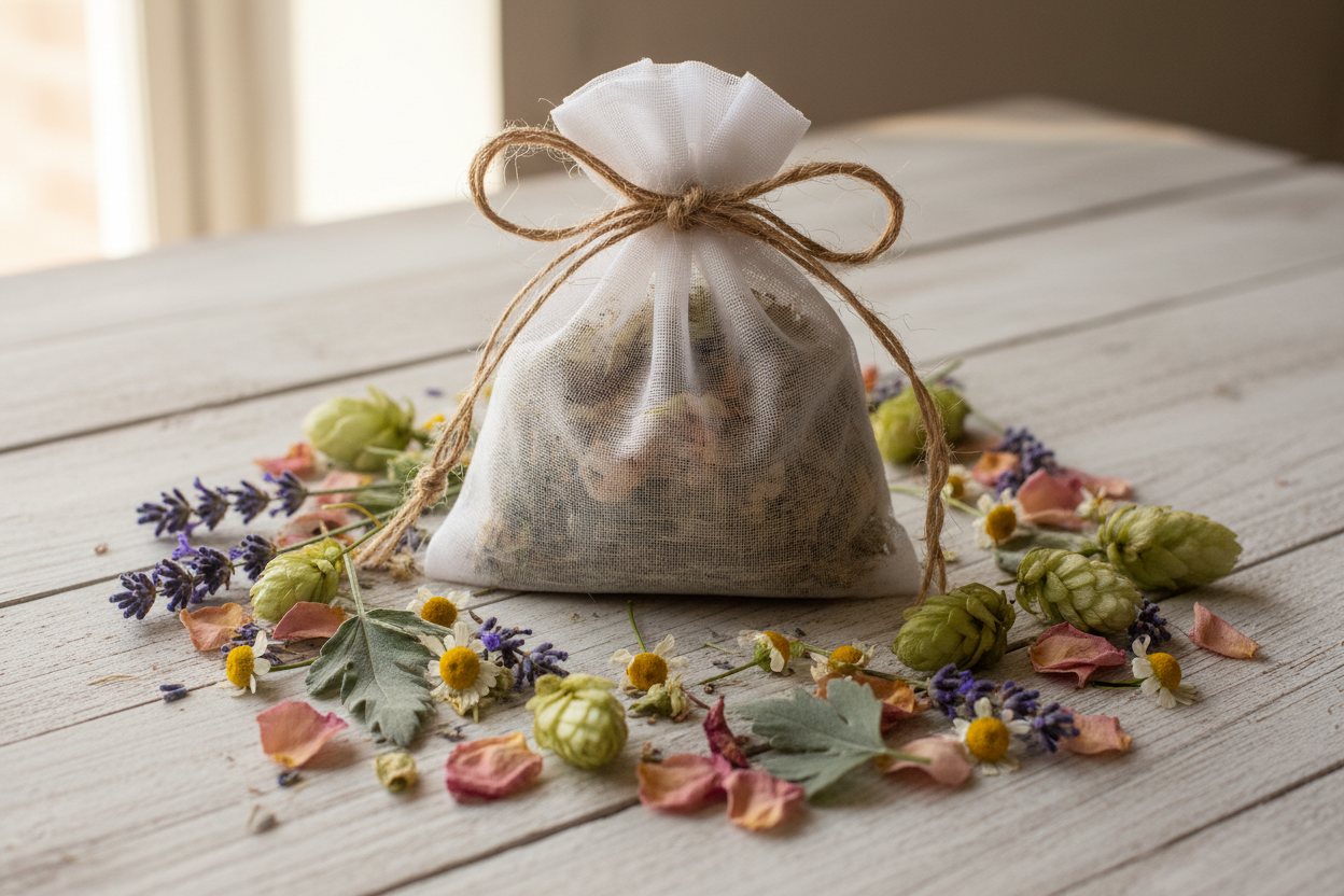 a soft, gentle muslin bag full of herbs is a dream pillow. on the table, it's surrounded by lavender flowers, rose petals, chamomile, mugwort and hops