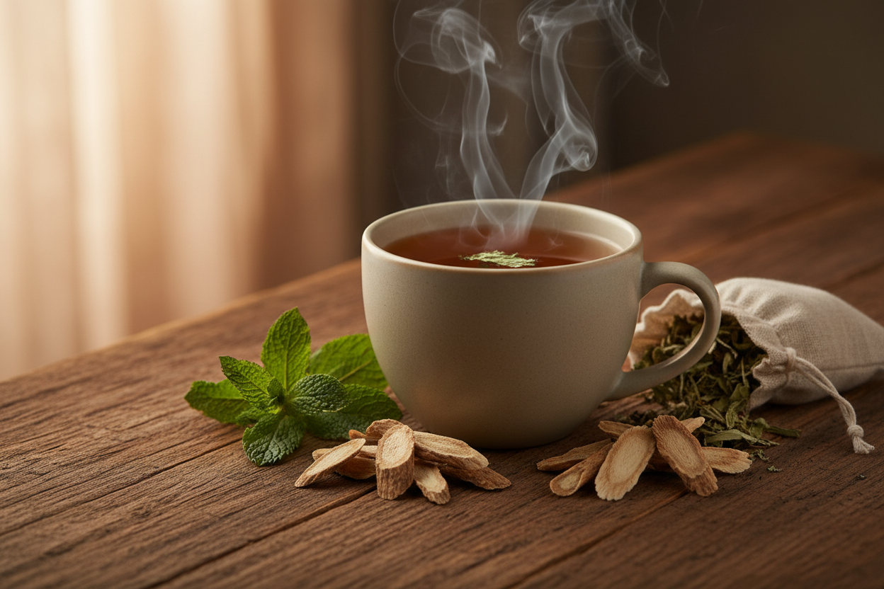 a warm, cozy mug of hot, steamy tea on a wooden table, surrounded by dried herbs like peppermint, licorice root, valerian root 