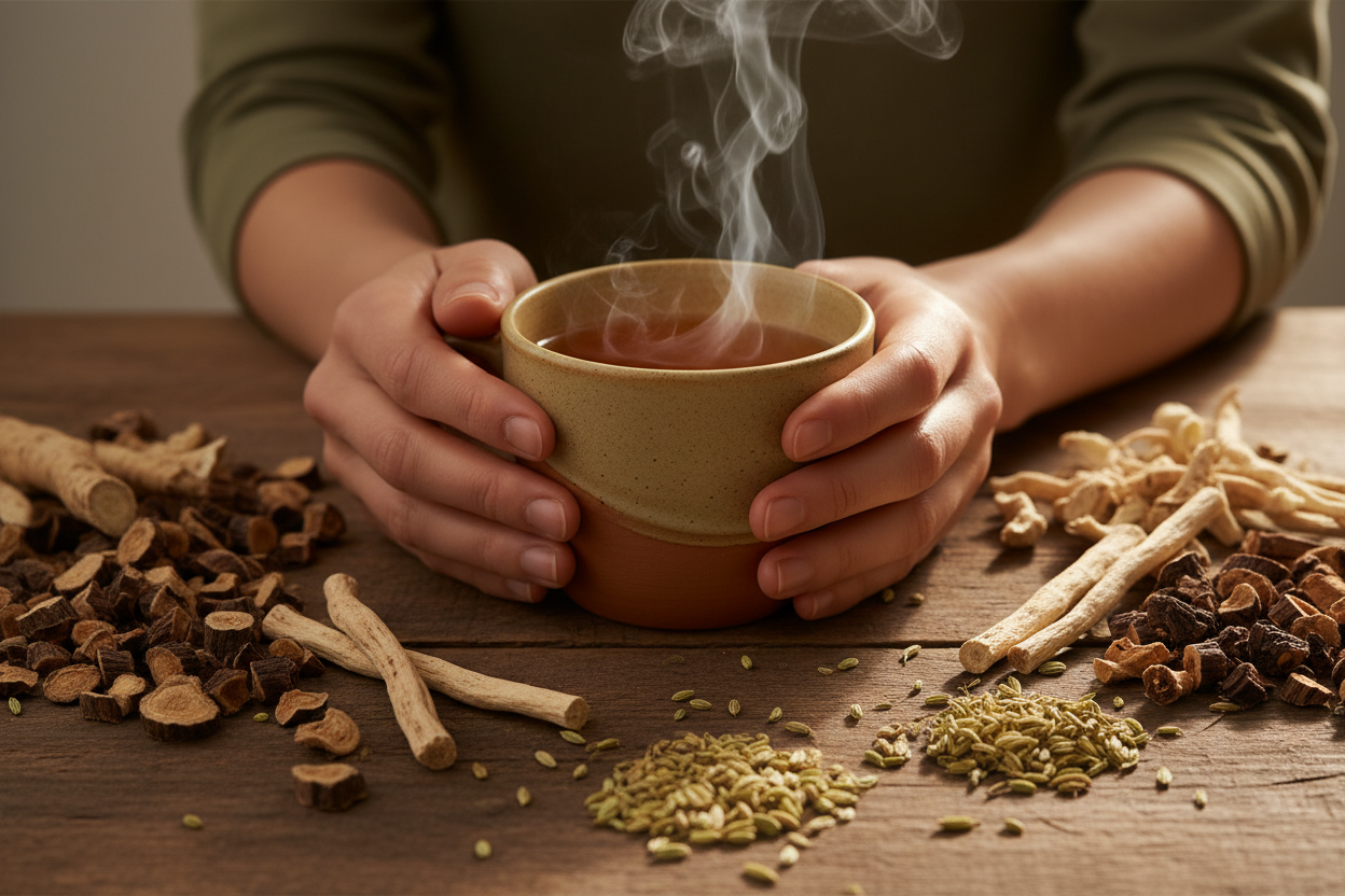 another steamy mug of tea, being held by a woman's hands over a table of herbs like burdock, licorice root, dandelion root and fennel