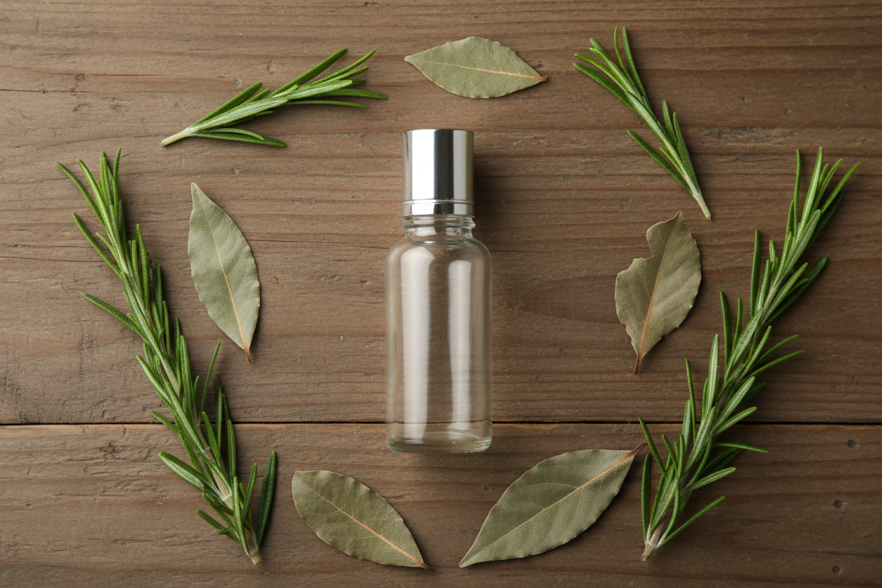 clear glass roller bottle without any label flat laid on wooden table surrounded by rosemary and bay leaves