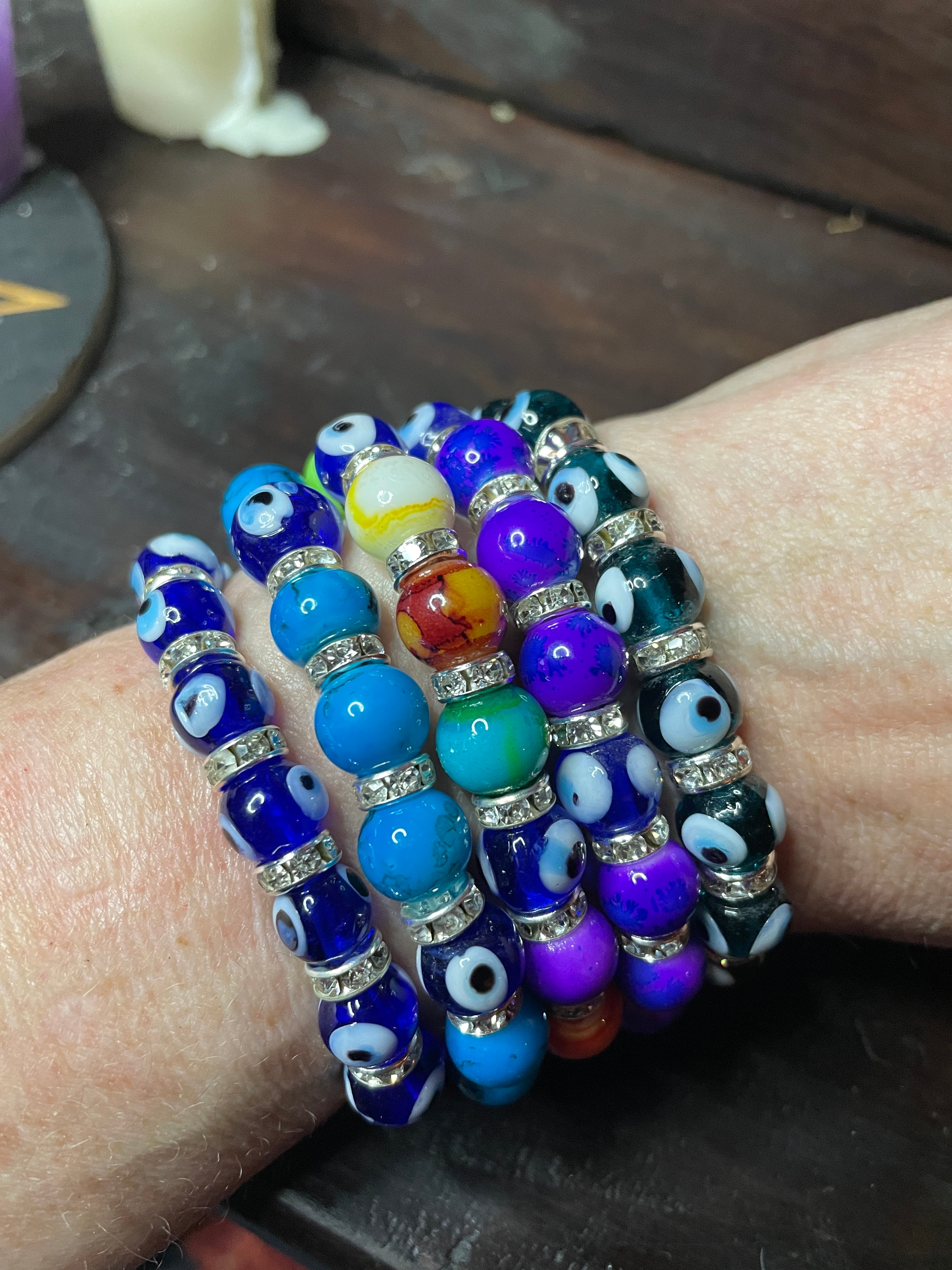 Aqua Evil Eye Beaded Bracelet | Blue Glass Stretch | Light Years Jewelry